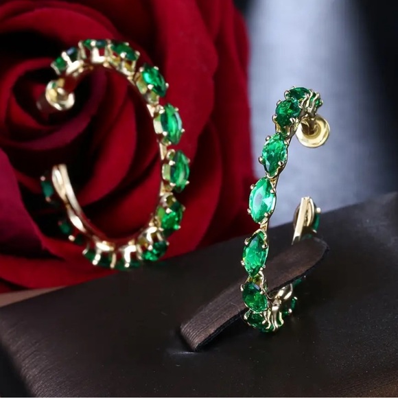 Green Rhinestone Hoop Earrings - Picture 2 of 2